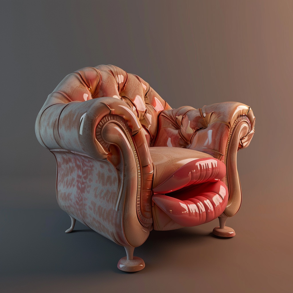 KI generiertes Bild von einem Couchsessel mit Mund. 